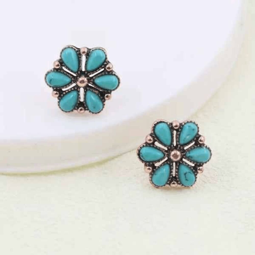 Western Concho Flower Shaped Turquoise Stud Earrings